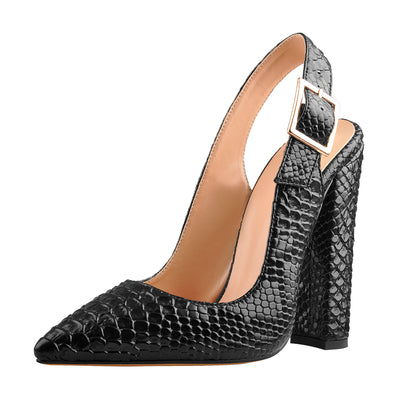 Slingback Pointed Toe Fish Scale Chunky Heel Pumps