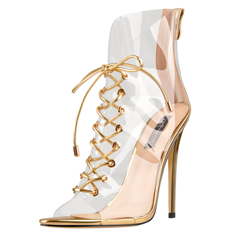 Open Toe Golden Lace up Transparent Zip Ankle Sandals Boots