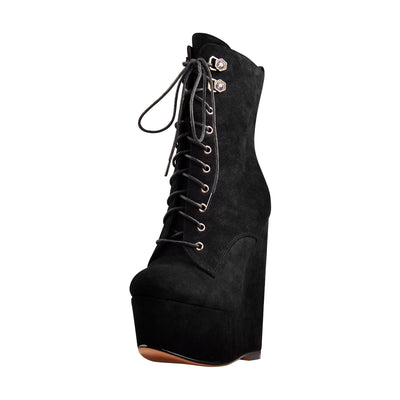 Black Suede Lace Up Platform Wedges Ankle Boots