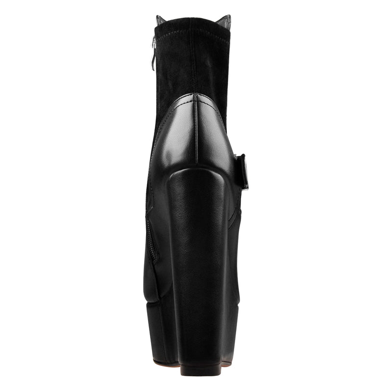 Platform Zipper Metal Buckle Strap Round Toe Wedge Heel Ankle Boots