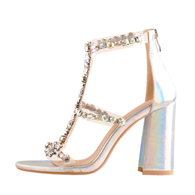 Open Toe Gem Rhinestone Transparent Strap Cutout Silver Hologram Chunky Square Heel Sandals