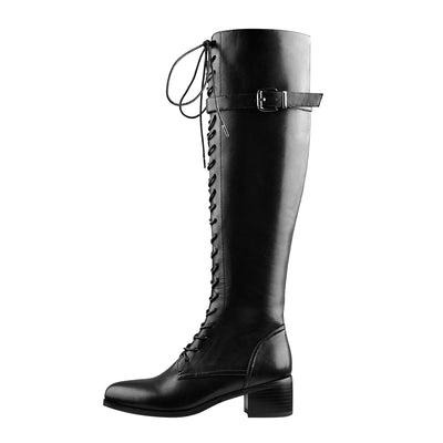 Round Toe Lace Up Sturdy Heel Side Zipper Knee High Boots