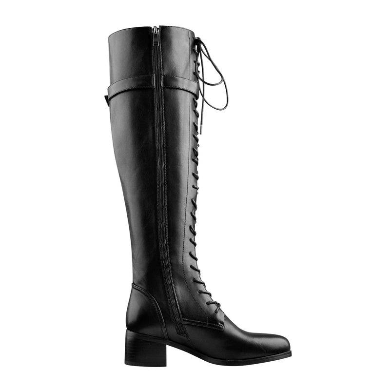 Round Toe Lace Up Sturdy Heel Side Zipper Knee High Boots