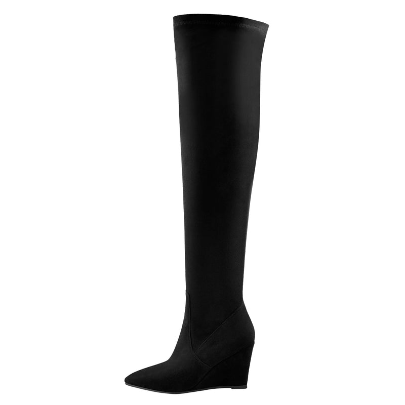 Black Suede Pointy Toe Wedge Heel Knee High Boots