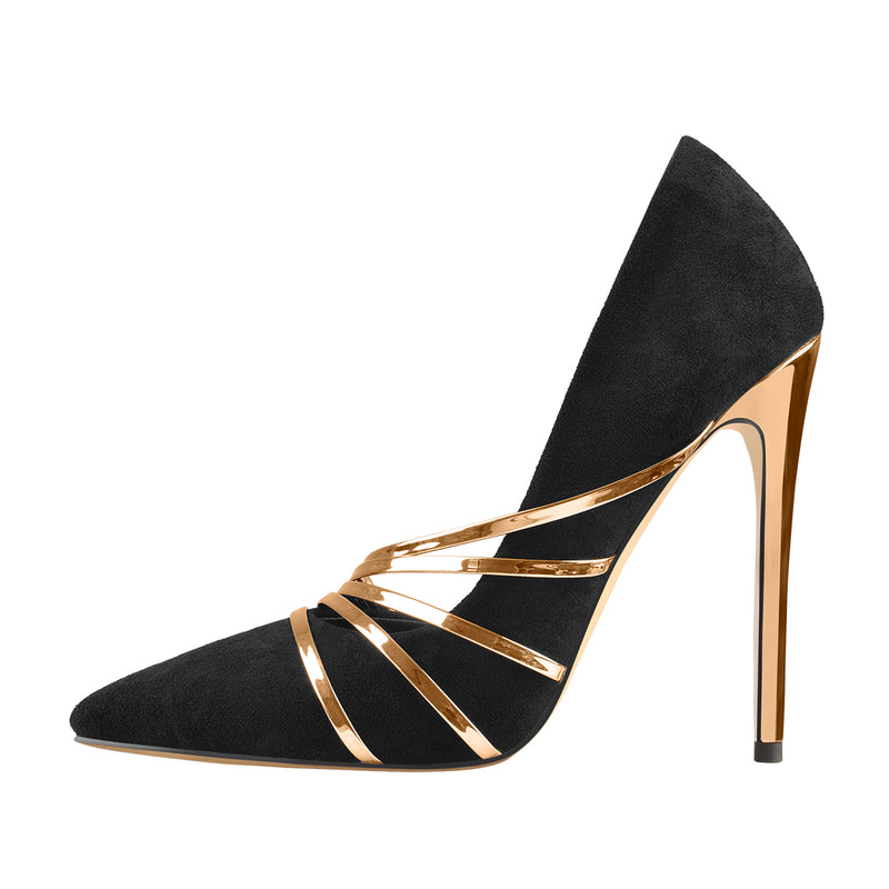 Pointed Toe Black Suede High Heel Gold Stiletto Pumps