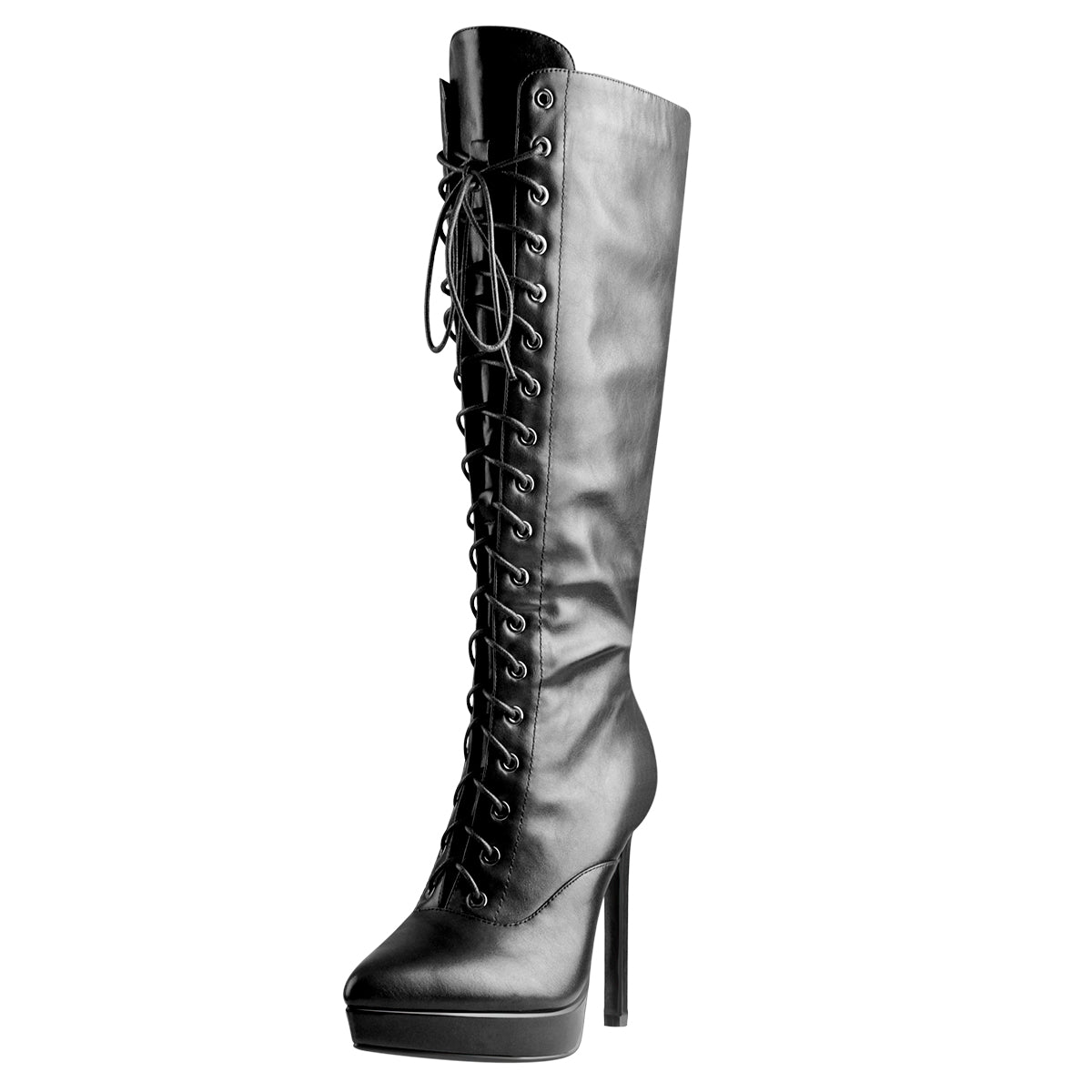 Black Matte Leather Platform Lace-Up High Heel Boots – Onlymaker