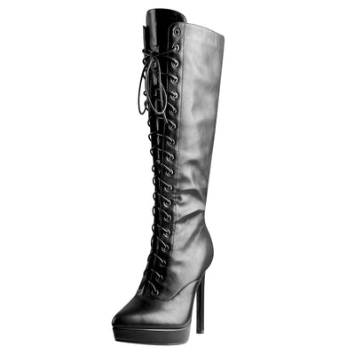 Black Matte Leather Platform Lace-Up High Heel Boots