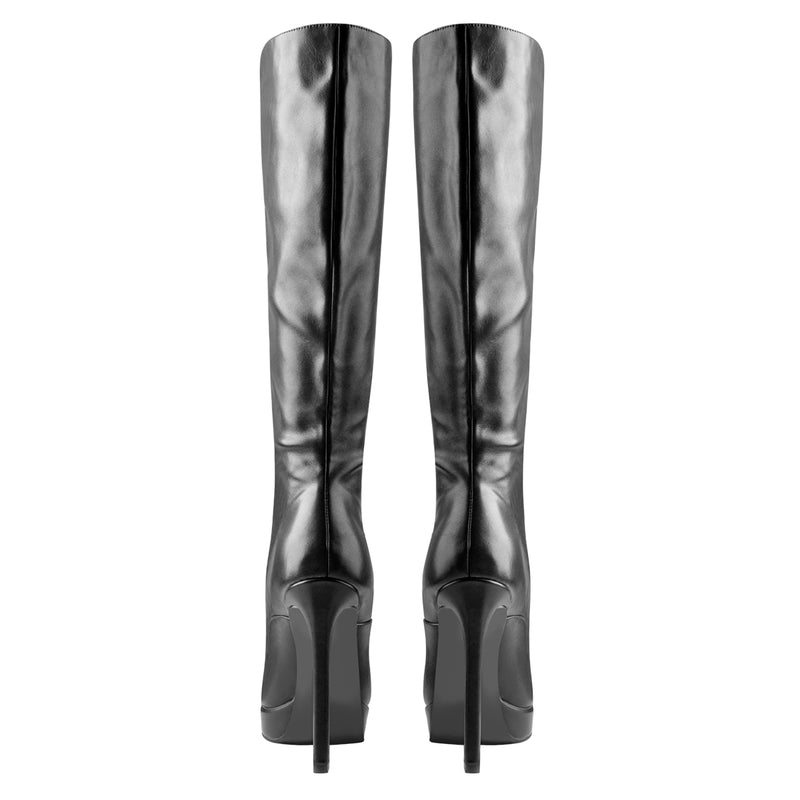 Black Matte Leather Platform Lace-Up High Heel Boots