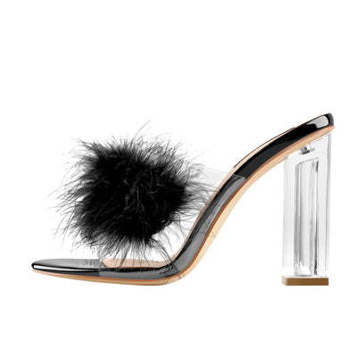 Black Feather Clear Chunky High Heel Sandals Mules