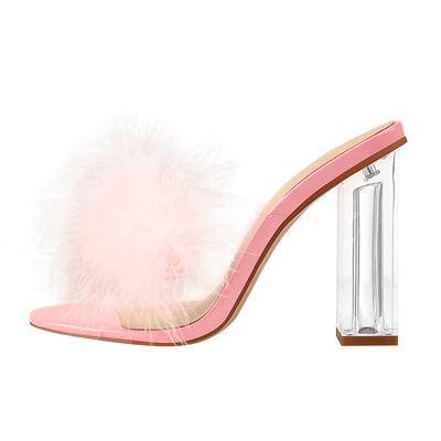 Pink Feather Clear Chunky High Heel Transparent Sandals