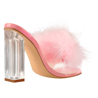 Pink Feather Clear Chunky High Heel Transparent Sandals