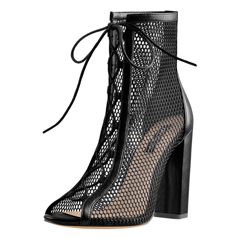 Chunky Heel Peep Toe Lace Up Mesh Ankle Booties Sandals