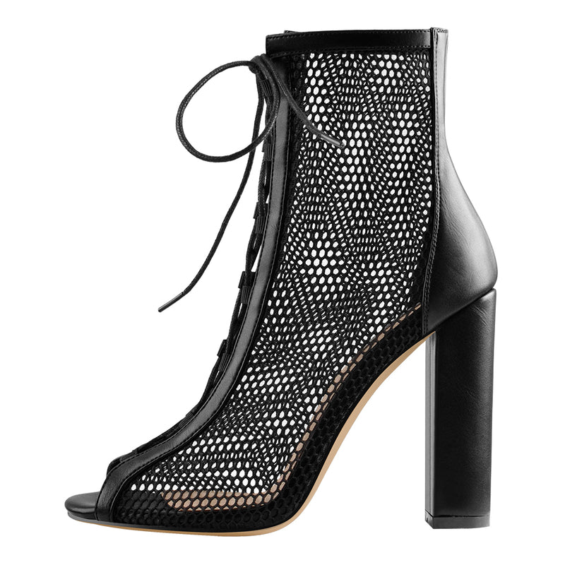 Chunky Heel Peep Toe Lace Up Mesh Ankle Booties Sandals