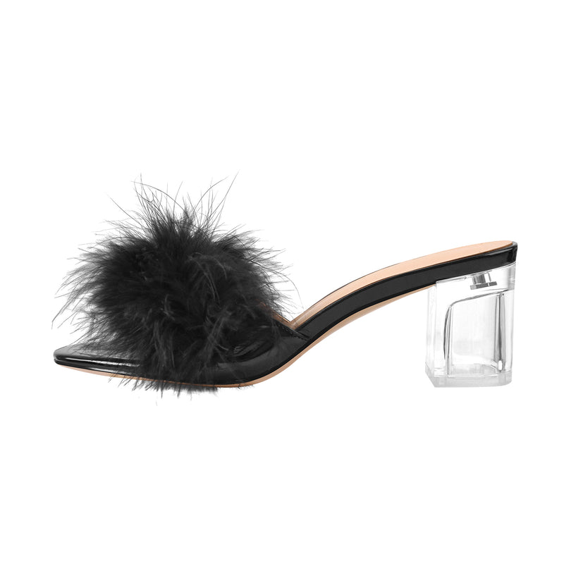 Richealnana Women's Fuzzy Feather Strappy Heeled Sandals - Clear Heels, 4.5 Inch