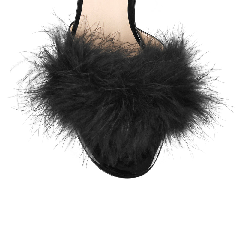 Black Feather Clear Heel Sandals