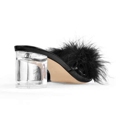 Black Feather Clear Heel Sandals