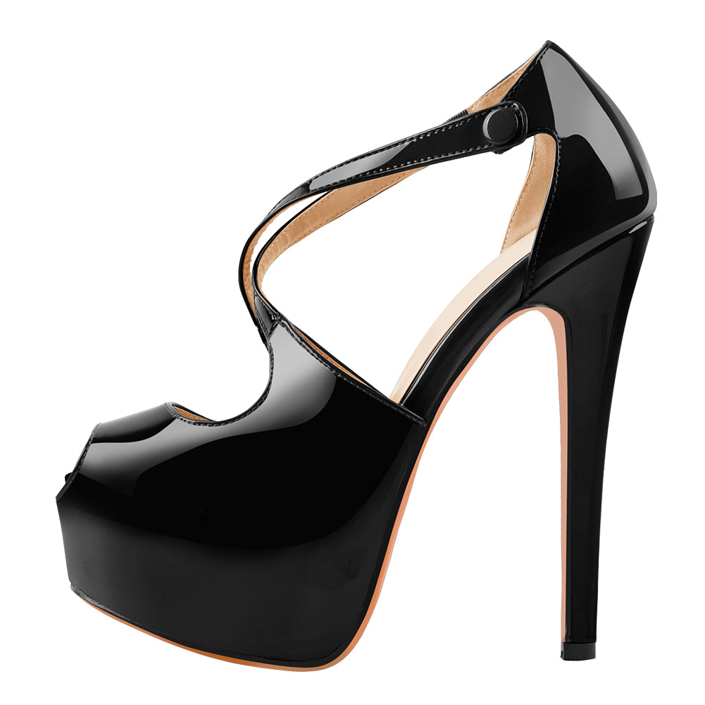 Criss Cross Peep Toe Platform Black High Heels Sandals – Onlymaker