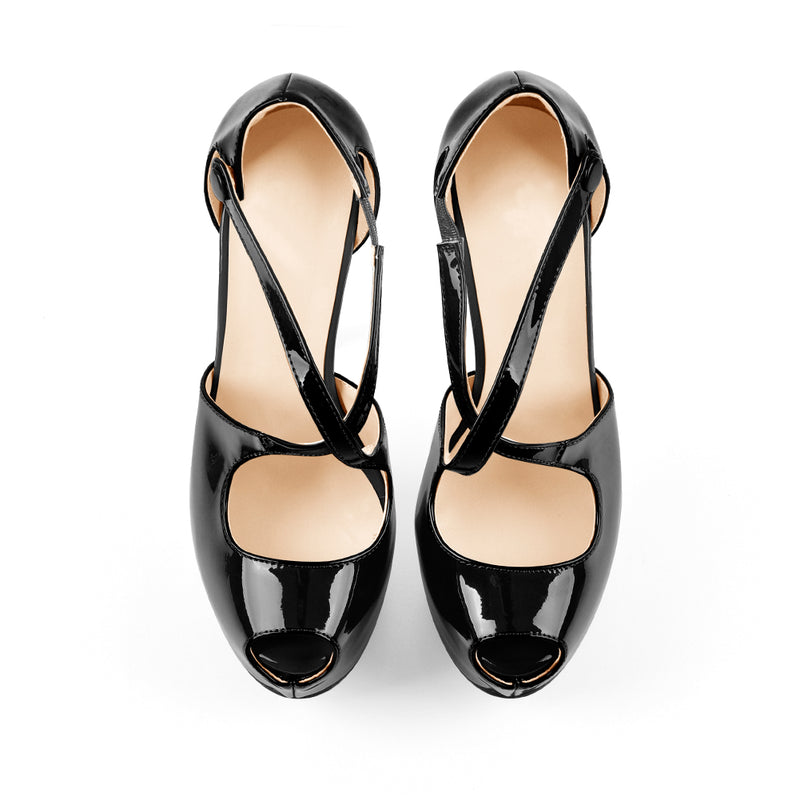Criss Cross Peep Toe Platform Black High Heels Sandals