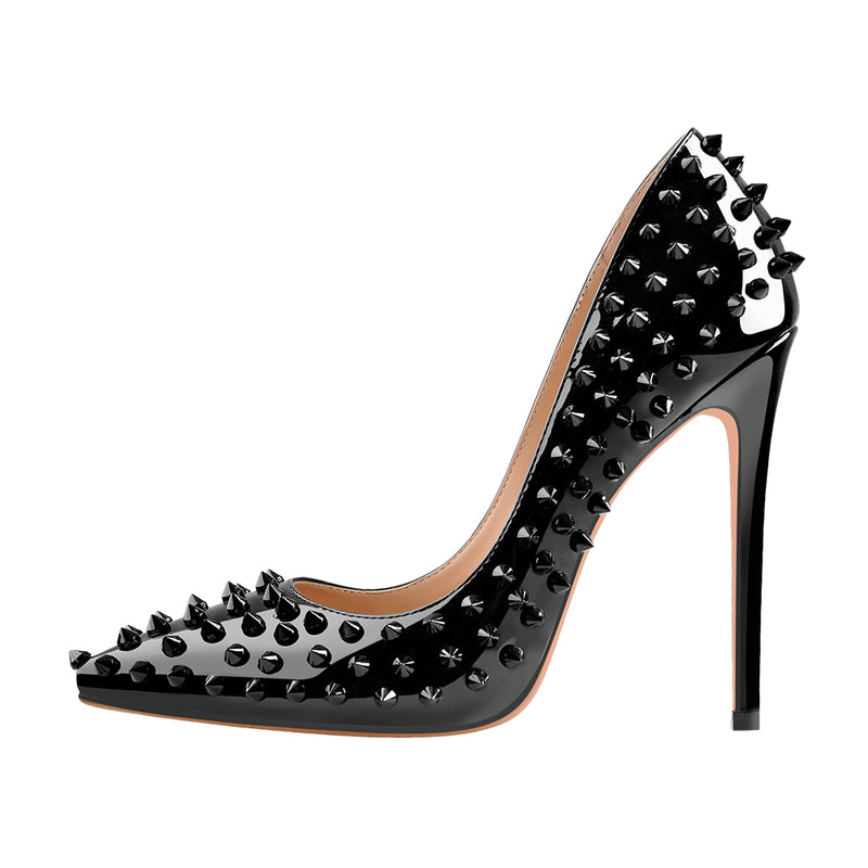 Patent Black Studded High Heels Kloss Mid Heel Studded Slingback