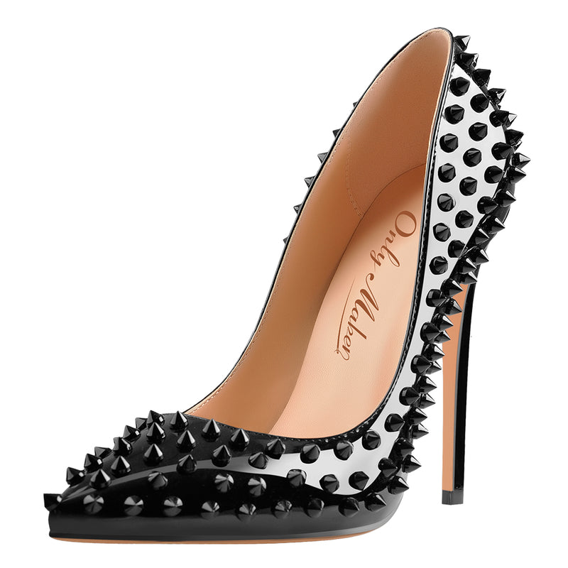 Pointed Toe Rivets Pumps Black Patent Leather Studded High Heels Pumps ...