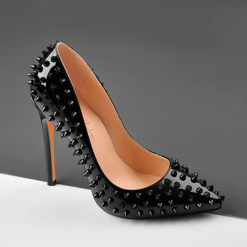 Pointed Toe Rivets Pumps Black Patent Leather Studded High Heels Pumps