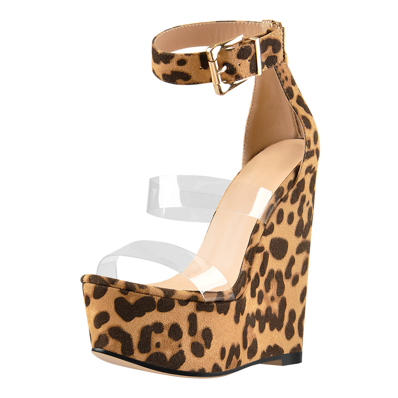 Leopard Suede Platform Transparent Strap Ankle Buckle Strap Wedge High Heels Sandals