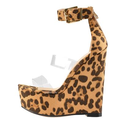Leopard Suede Platform Transparent Strap Ankle Buckle Strap Wedge High Heels Sandals