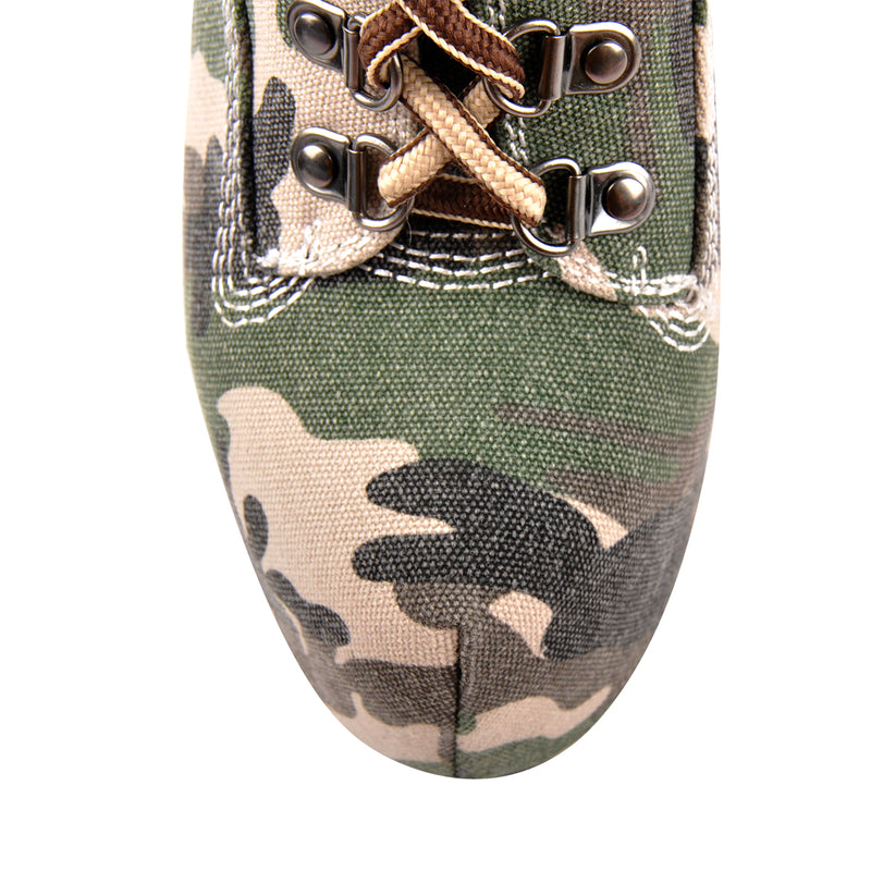 Dark Green Camouflage Canvas Round Toe Lace-up Ankle Boots