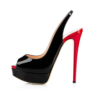 Platform High Heel Peep Toe Black-Red Slingback Sandals