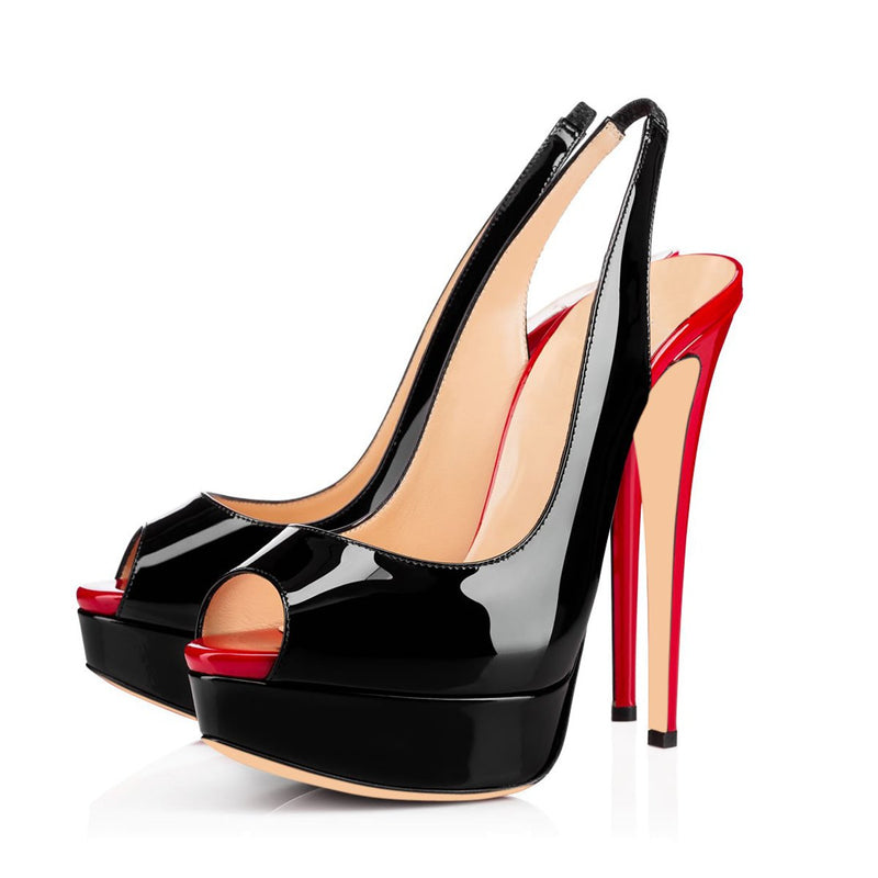 Platform High Heel Peep Toe Black-Red Slingback Sandals