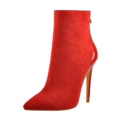 Red Suede Patent Leather Stitching Pointed Toe Ankle boots