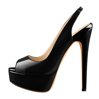 Platform Peep Toe High Heels Black Slingback Sandals – Onlymaker