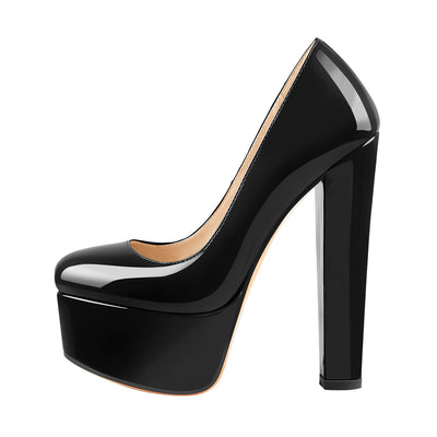 Patent Leather Rounde Toe Platform Black Chunky High Heels Pumps