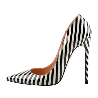 Black White Stripes Pointed Toe High Heel Pumps