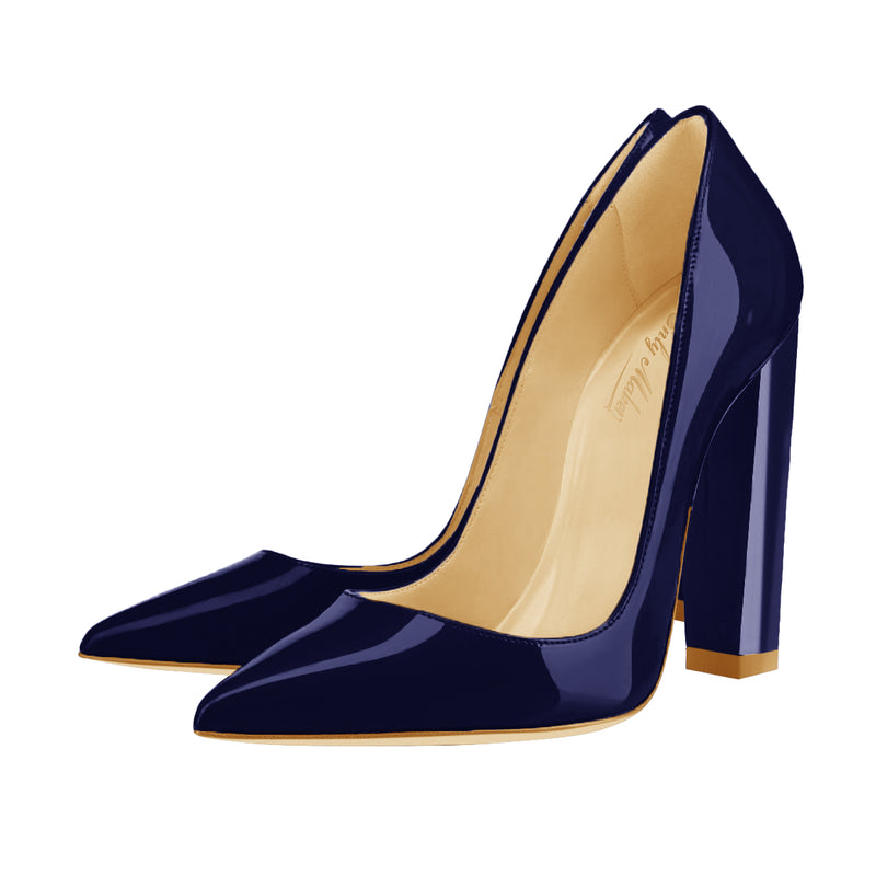 Dark Blue Basic Pumps Pointed Toe Chunky Heel