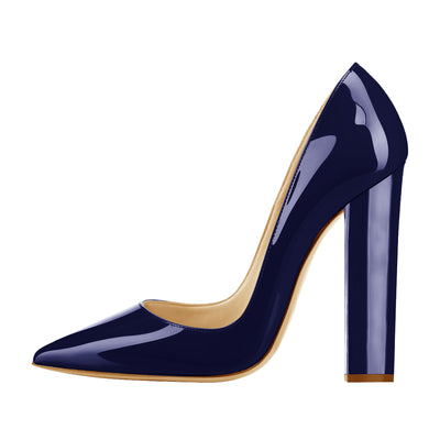 Dark Blue Basic Pumps Pointed Toe Chunky Heel