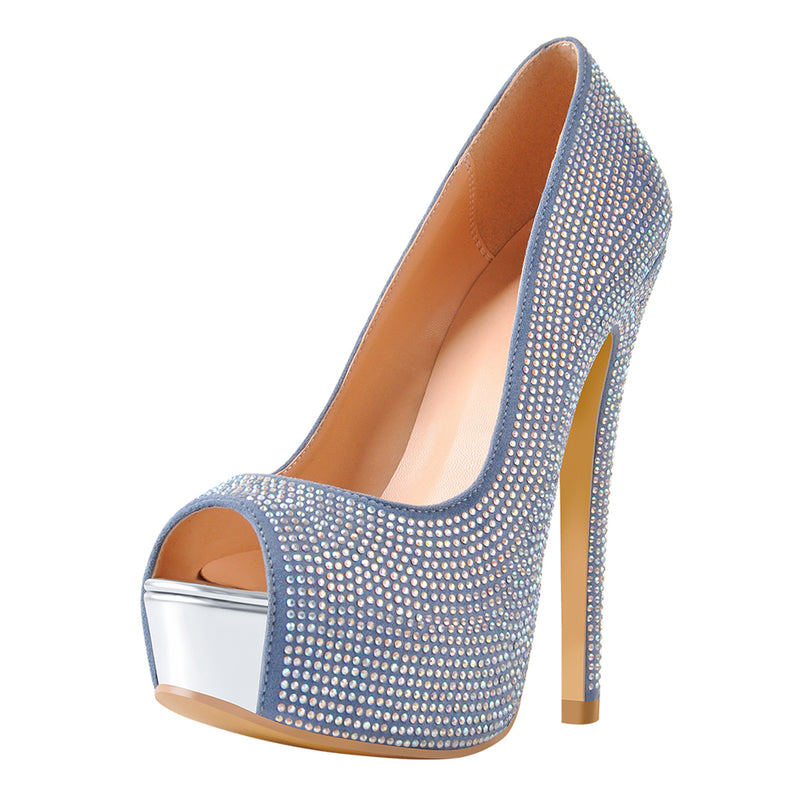 Blue Rhinestone Peep Toe Platform Stiletto High Heel Pumps