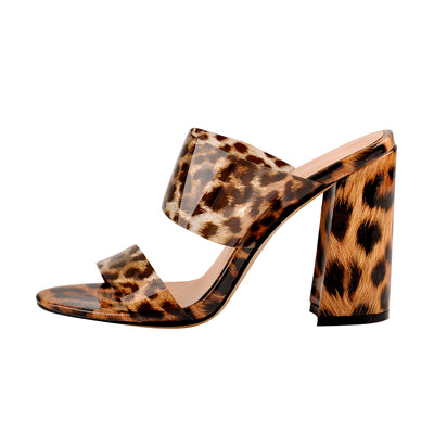 Transparent Leopard Double Straps Chunky Heels Mules Sandals