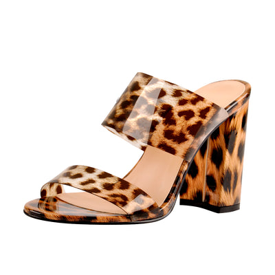 Transparent Leopard Double Straps Chunky Heels Mules Sandals