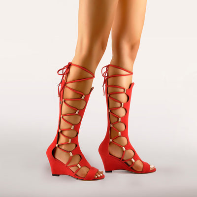 Lace Up Gladiator Cutout Wedge Sandal Boots