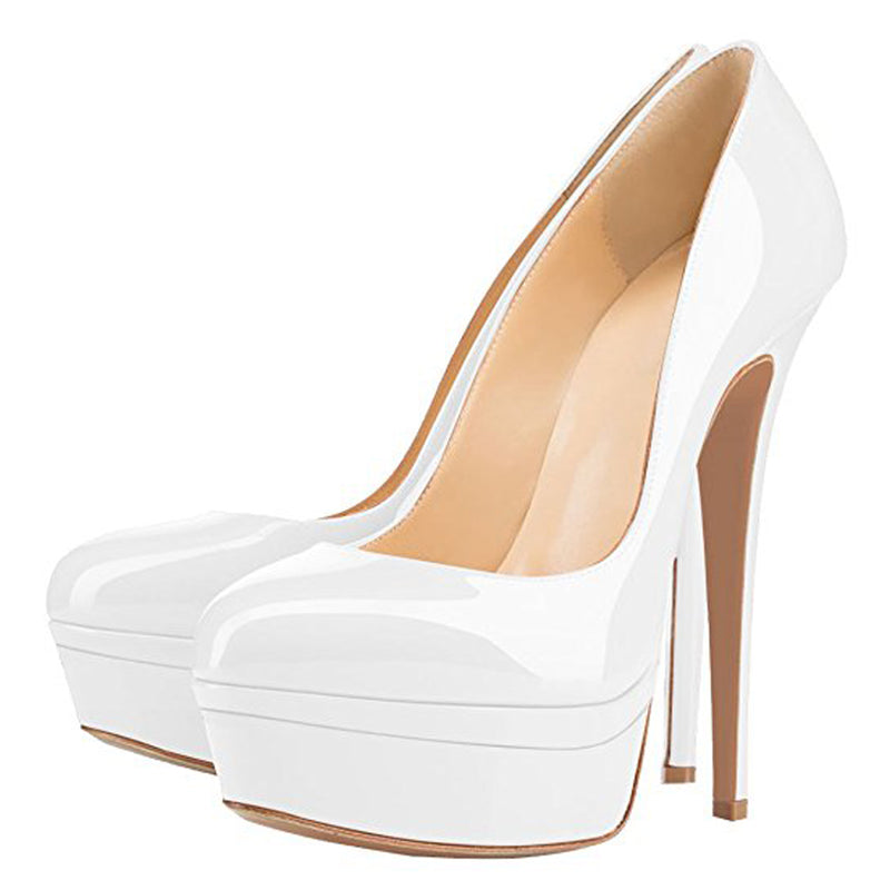 Patent Leather Round Toe Double Platform High Heel Pumps