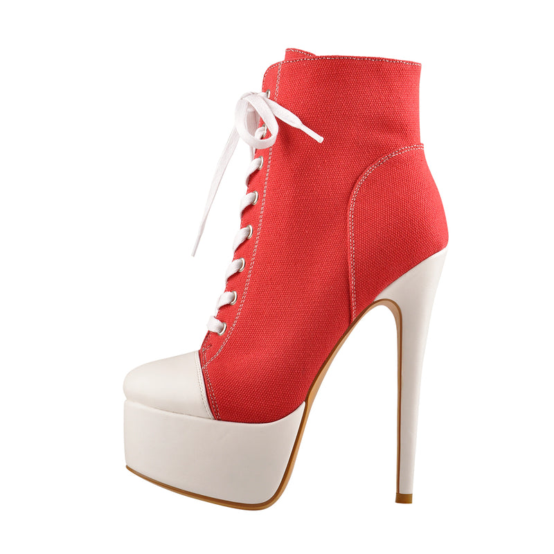 Canvas High Heel Sneaker Lace Up Platform Ankle Boots