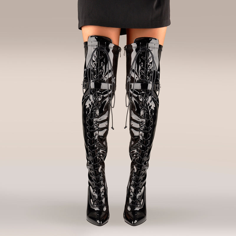 Patent Leather Lace up Over the Knee Motorcycle Boots
