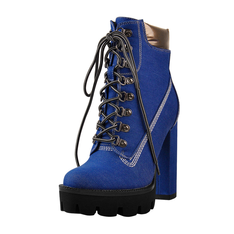Platform Lace Up Canvas Chunky Heel Boots