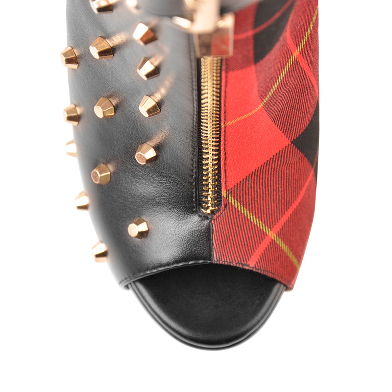 Peep Toe Rivet Leather Canvas Stitching Platform Chunky High Heel Boots
